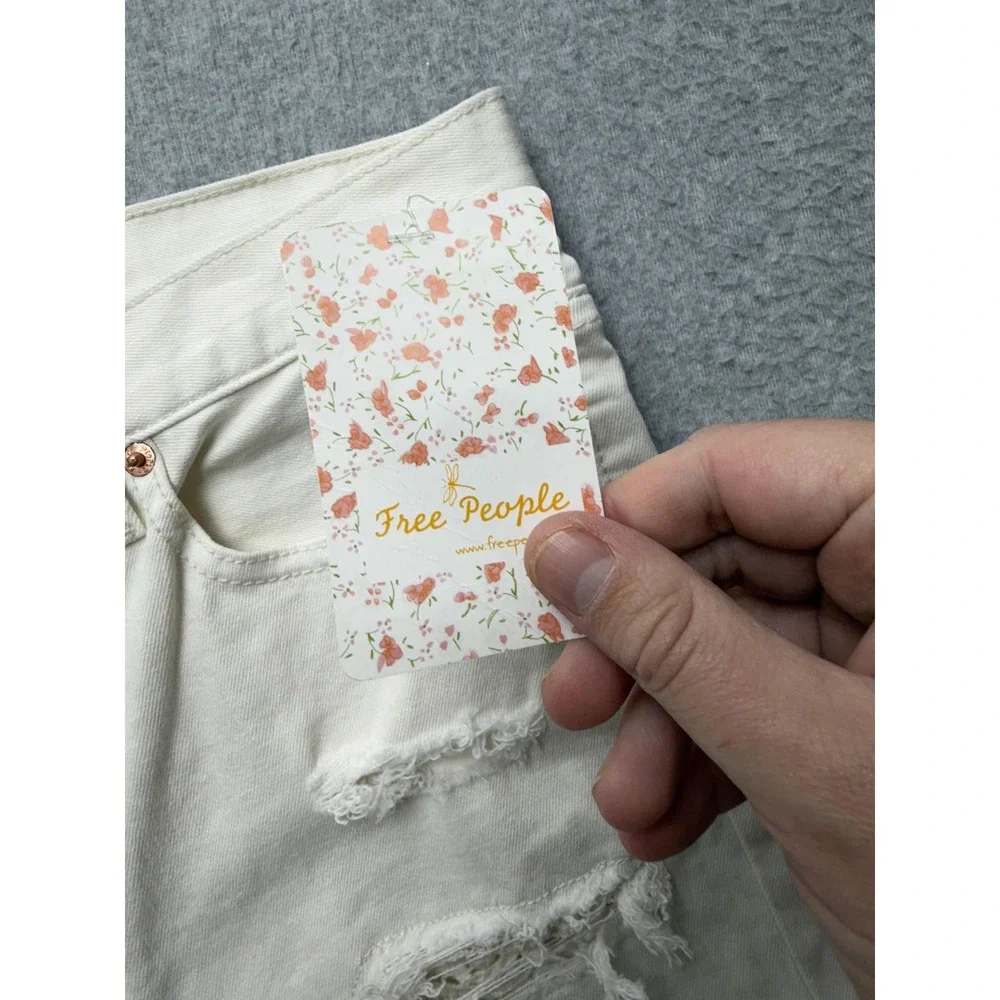 Free People Straight Jeans Womens 29 Worn White High Rise Distressed Raw Hem